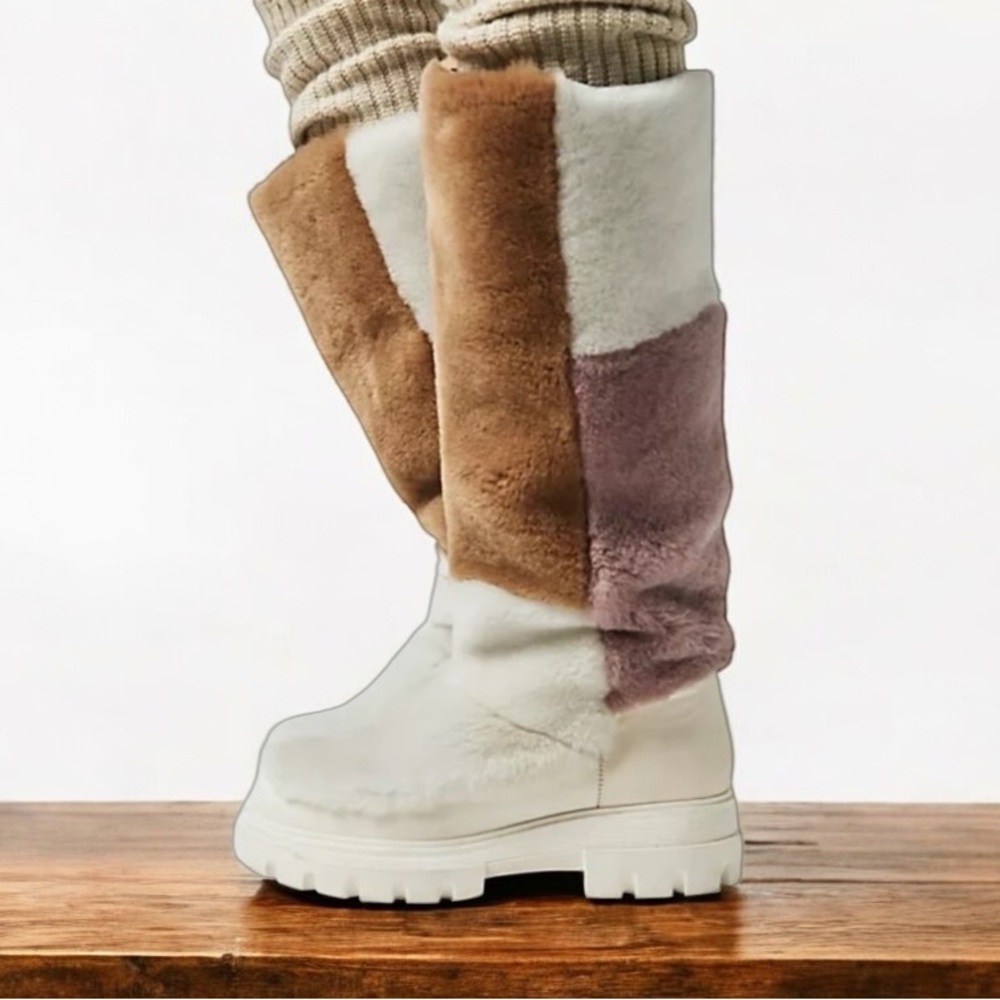 New Free People Fur Patchwork Colorblock Tall Leather 7.5 White Purple Boots